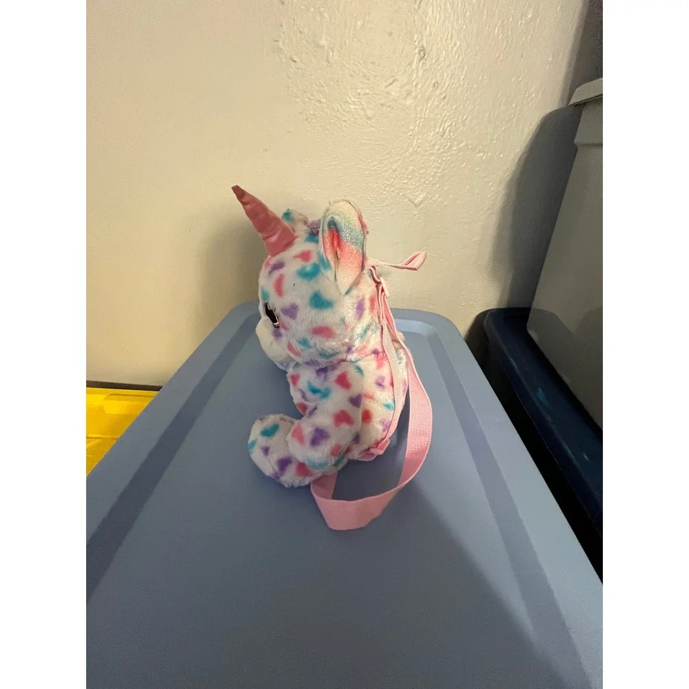 Carried Away Bags Kids Plush Unicorn Backpack White Heart Print Faux Fur Pink